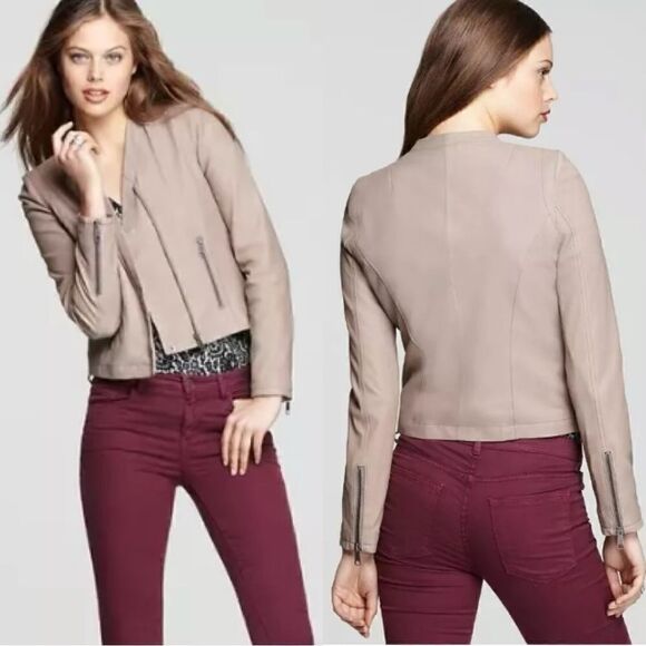 Joie Kellyn Opal Leather Taupe Cream Jacket  Zipper Size M - Picture 1 of 15